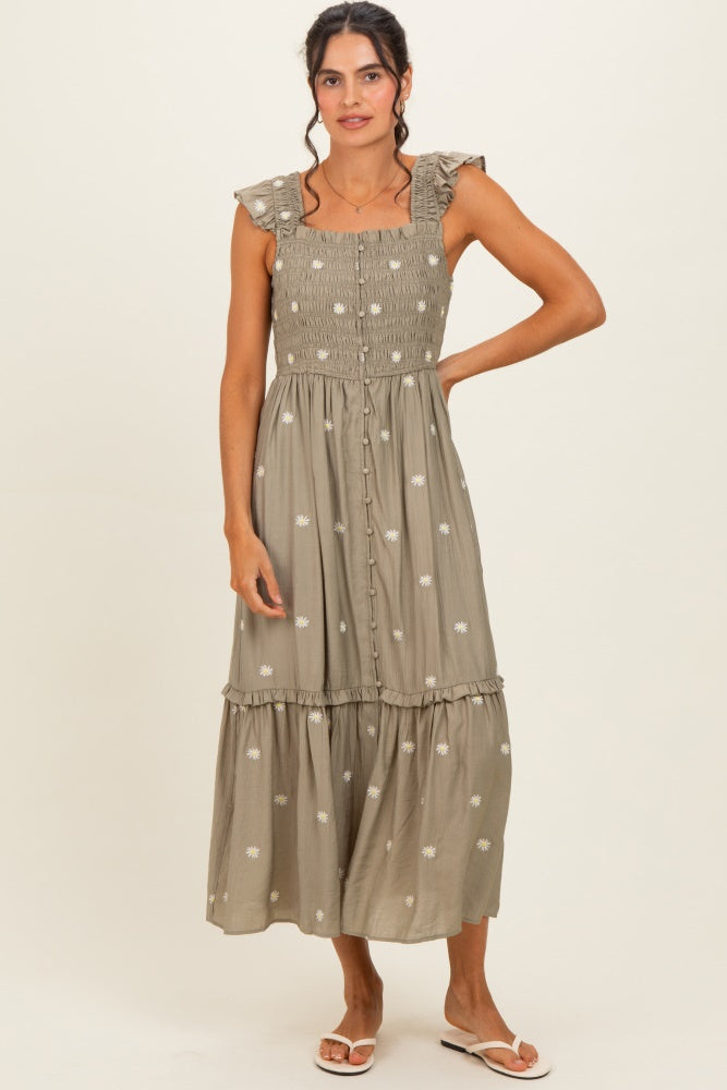Olive Embroidered Ruffle Strap Smocked Maxi Dress – PinkBlush