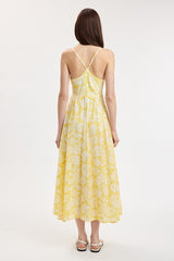Yellow Floral Front Tie Racerback Midi Dress