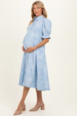 Light Blue Embroidered Maternity Midi Shirt Dress