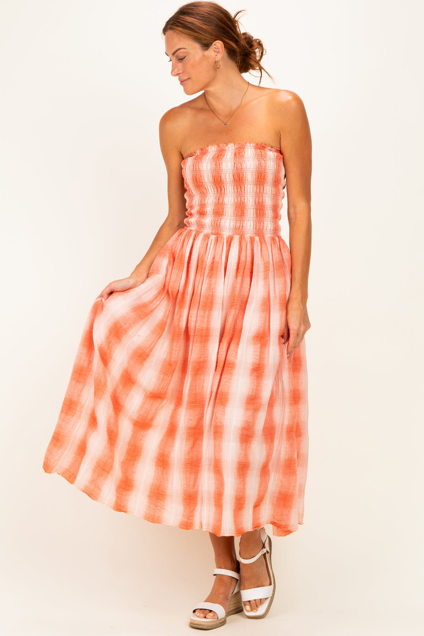 Orange Plaid Smocked Strapless Maternity Midi Dress