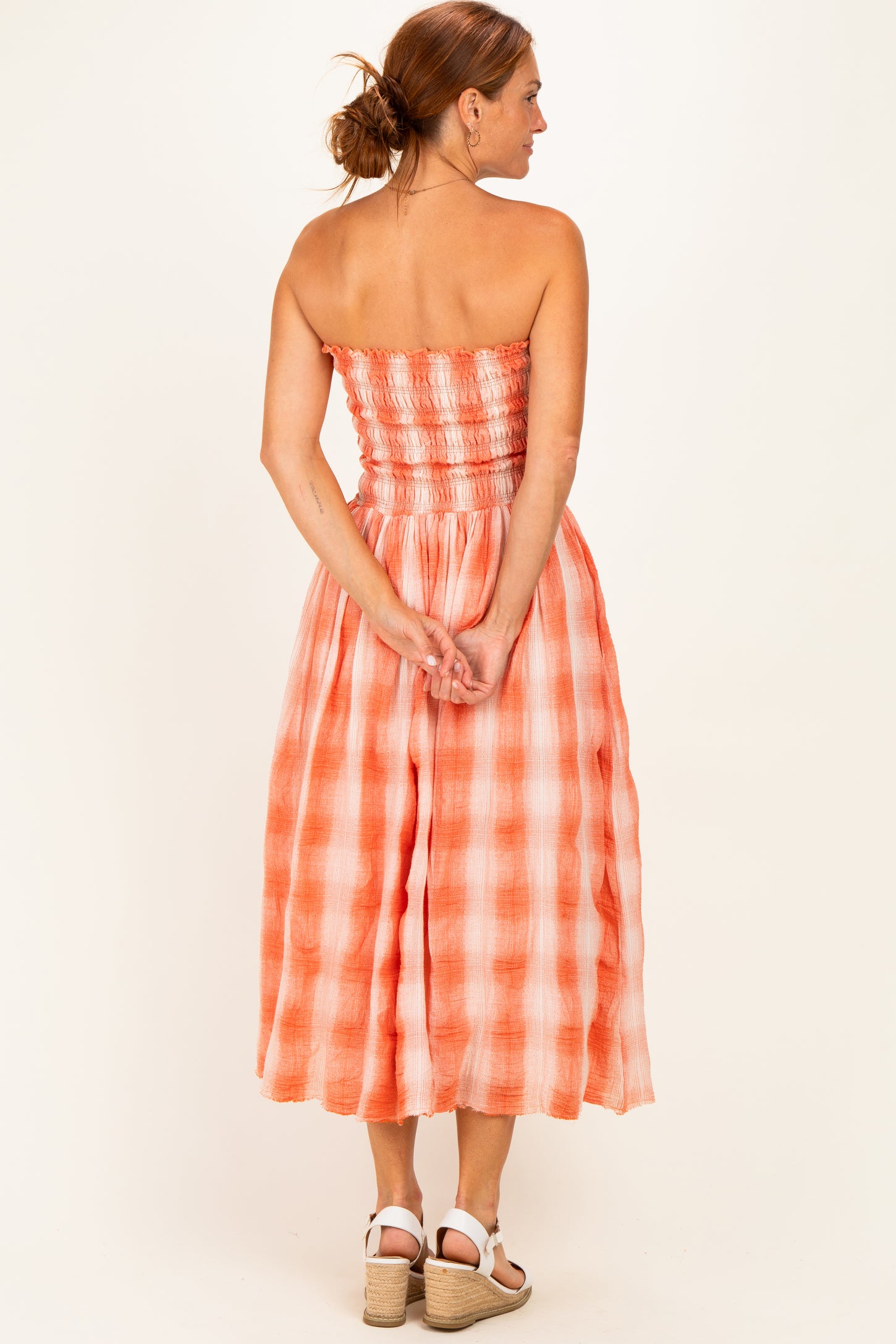 Orange Plaid Smocked Strapless Midi Dress