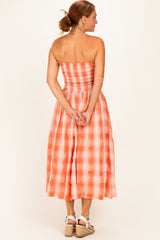 Orange Plaid Smocked Strapless Midi Dress