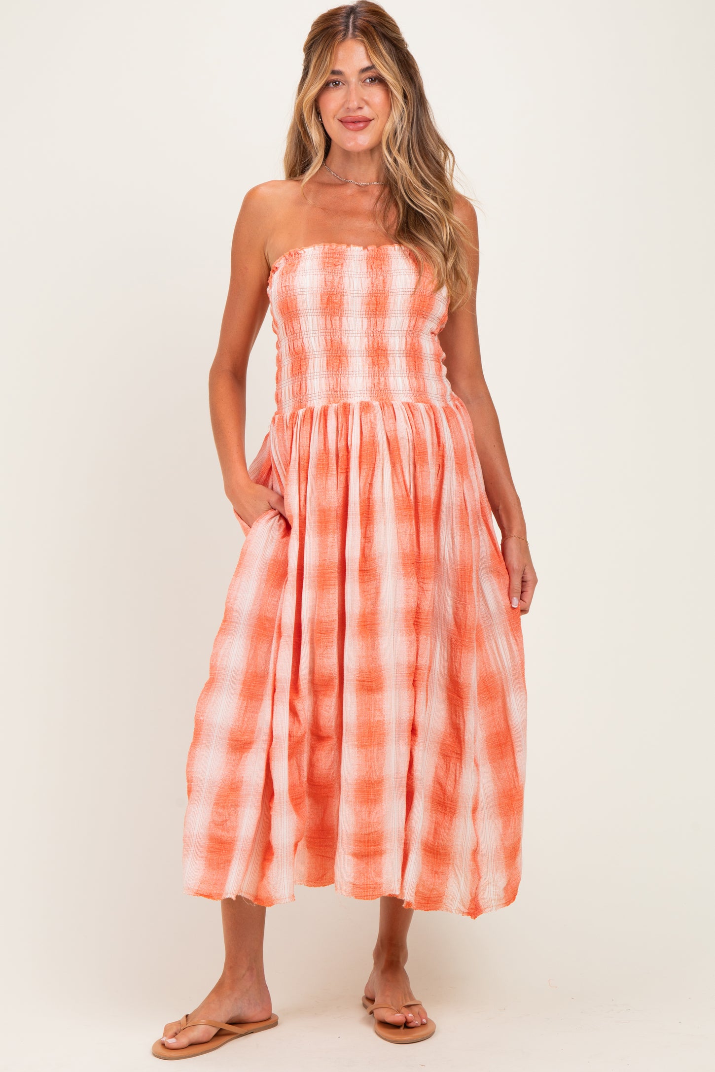 Orange Plaid Smocked Strapless Maternity Midi Dress