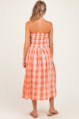 Orange Plaid Smocked Strapless Maternity Midi Dress