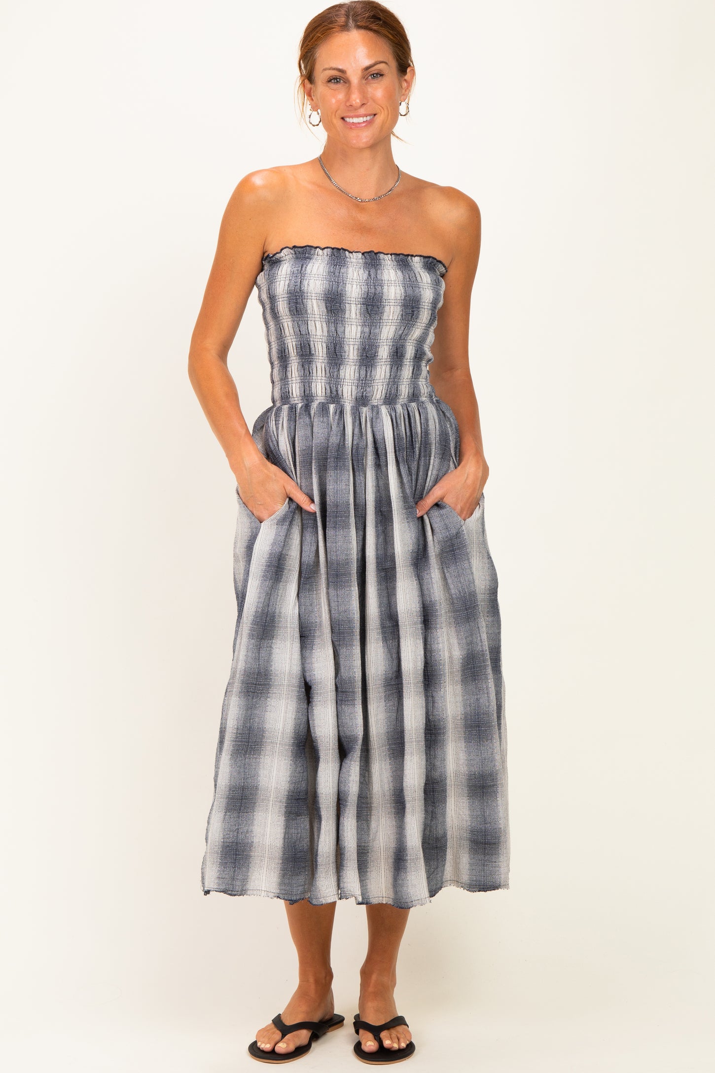 Black Plaid Smocked Strapless Maternity Midi Dress – PinkBlush