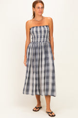 Black Plaid Smocked Strapless Midi Dress