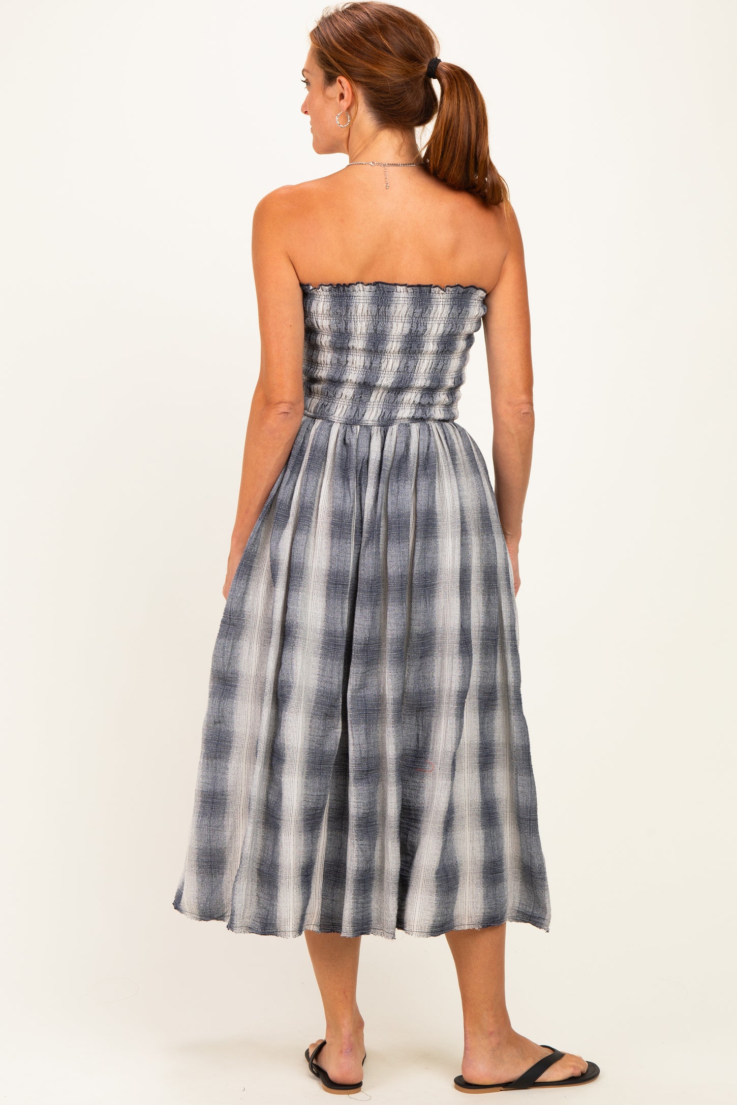 Black Plaid Smocked Strapless Midi Dress
