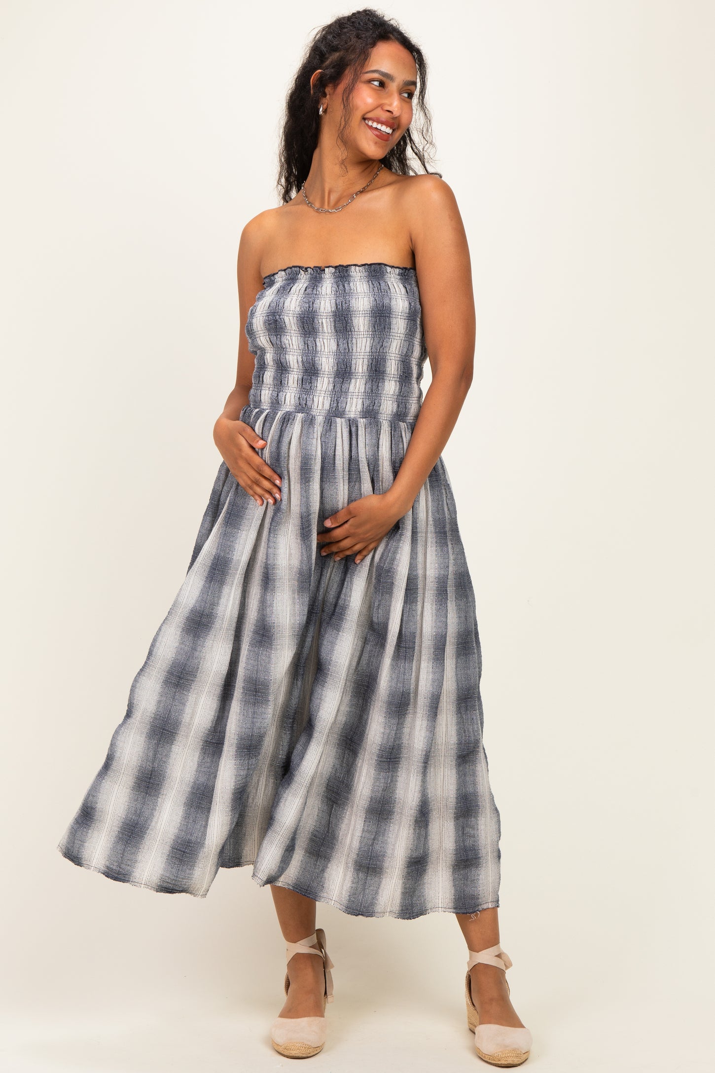 Black Plaid Smocked Strapless Maternity Midi Dress – PinkBlush