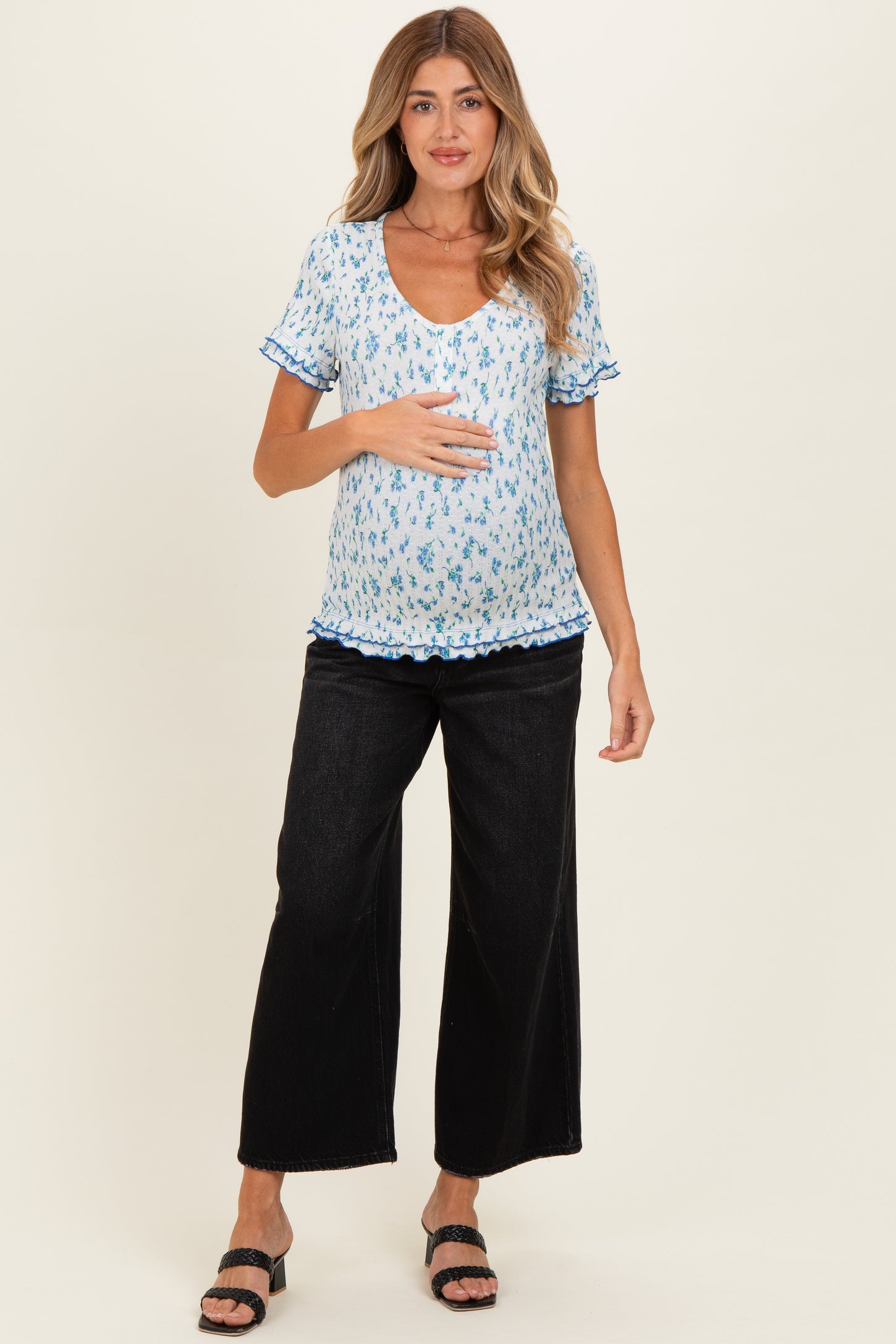 Blue Floral Ruffle Trim Henley Short Sleeve Maternity Top