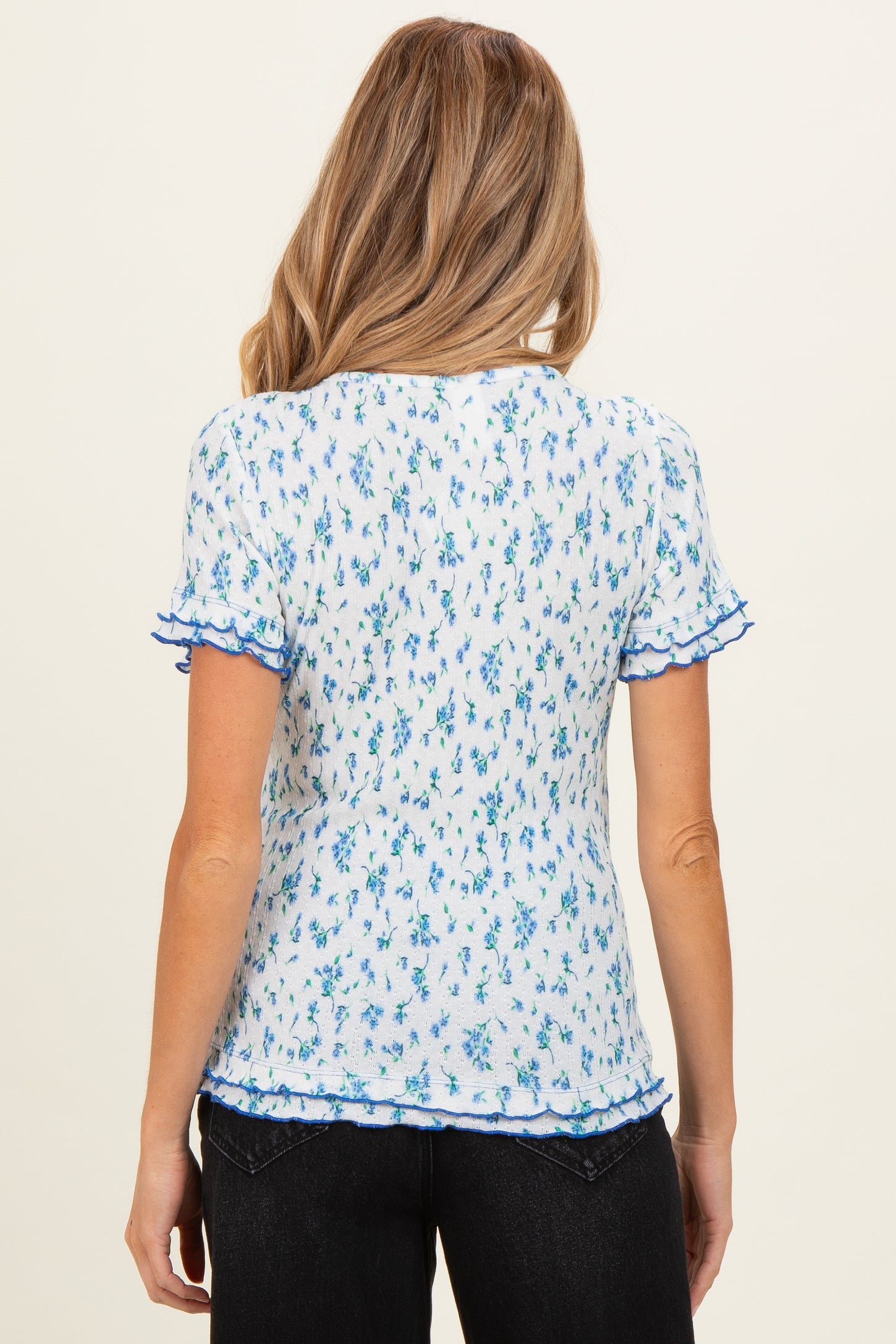 Blue Floral Ruffle Trim Henley Short Sleeve Maternity Top