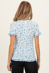 Blue Floral Ruffle Trim Henley Short Sleeve Maternity Top