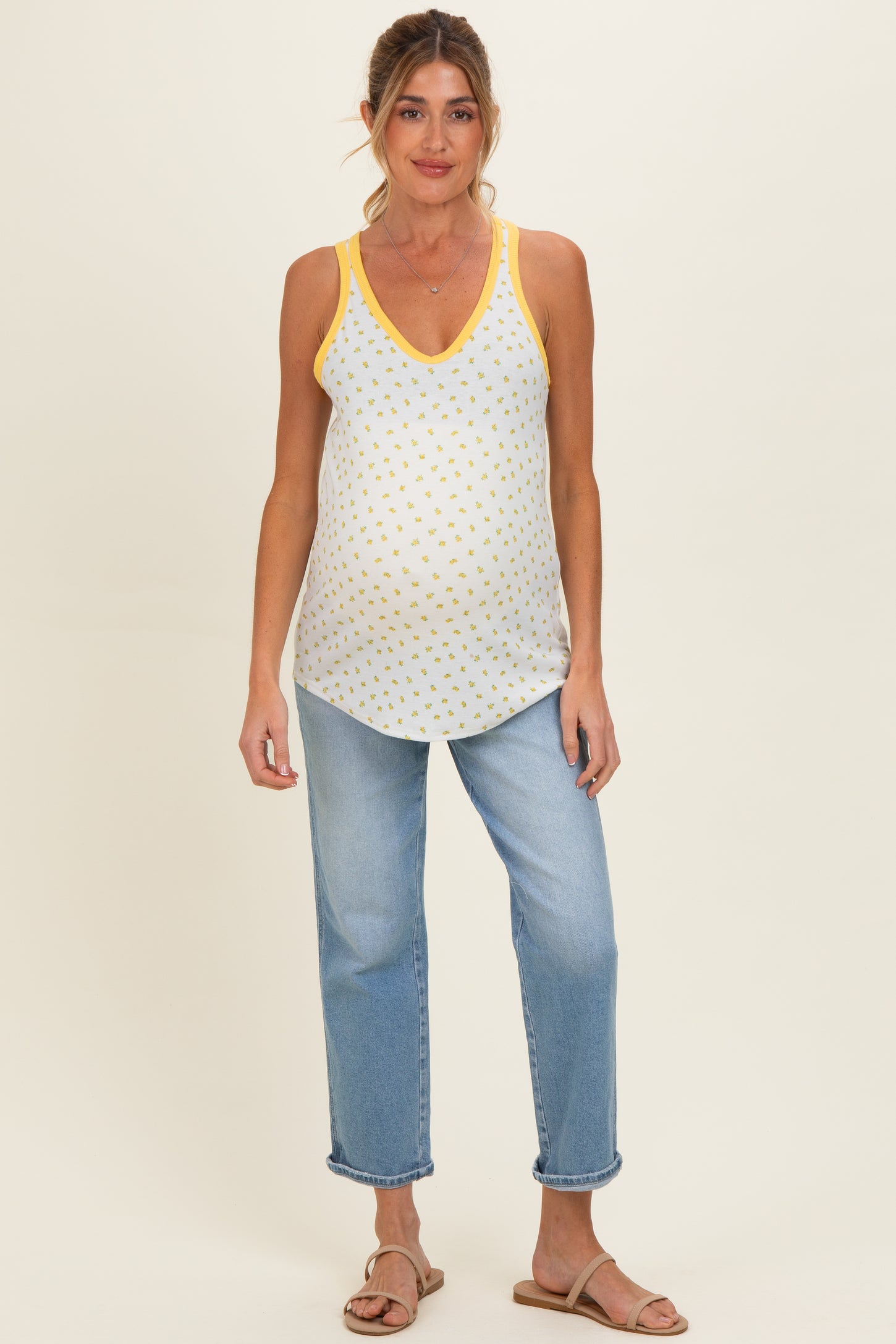 Yellow Floral Solid Trim Maternity Tank Top