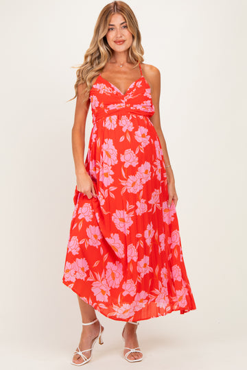 Red Floral Pleated Cutout Back Maternity Midi Dress