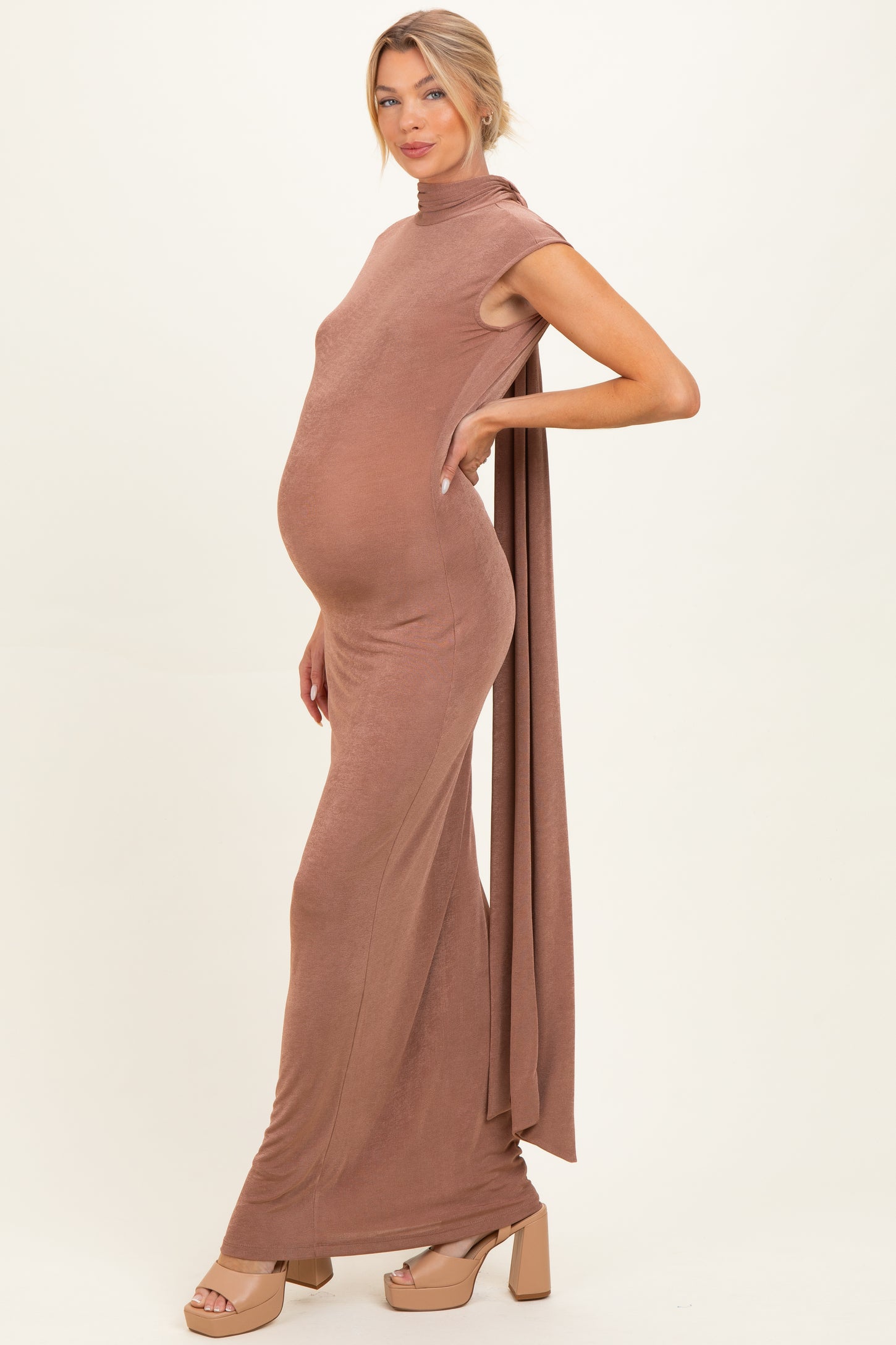 Brown Open Back Scarf Neck Maternity Maxi Dress