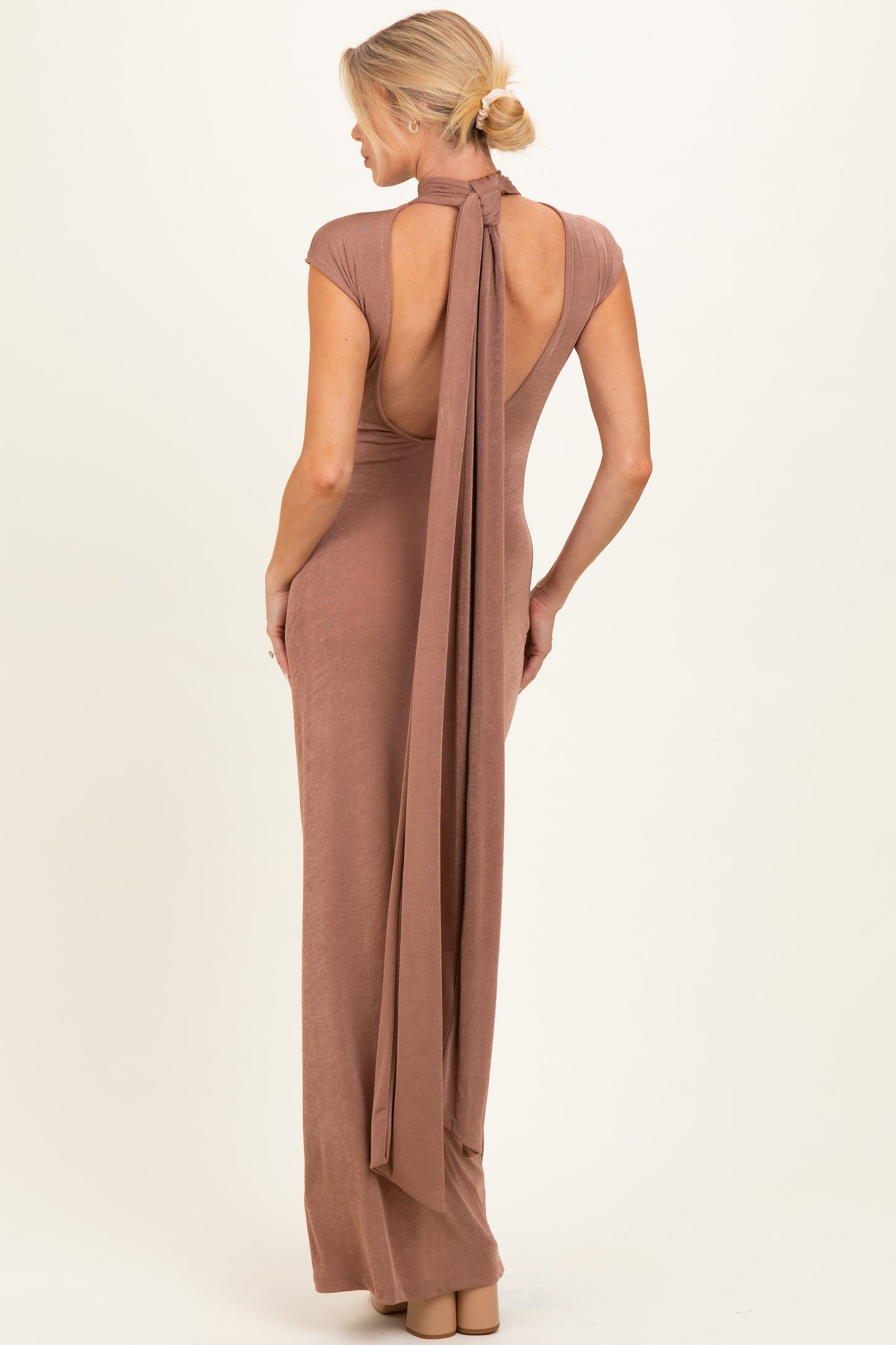 Brown Open Back Scarf Neck Maternity Maxi Dress