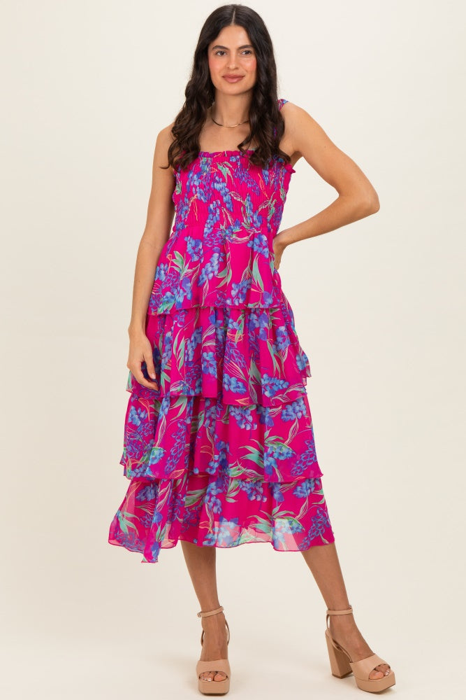 Fuchsia Floral Smocked Tiered Midi Dress PinkBlush Fuchsia Floral Smocked Tiered Midi Dress PinkBlush