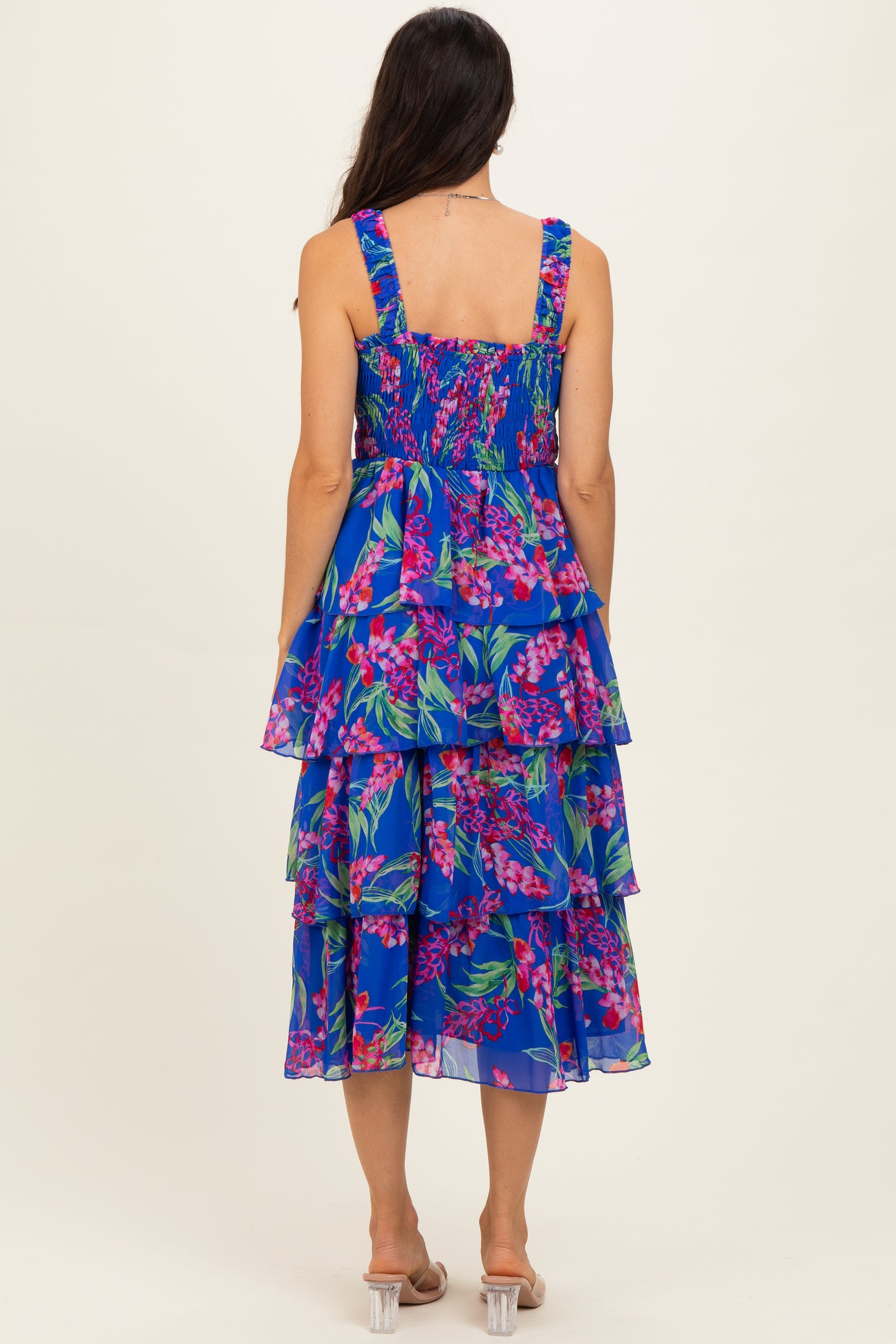 Royal Blue Floral Smocked Tiered Midi Dress