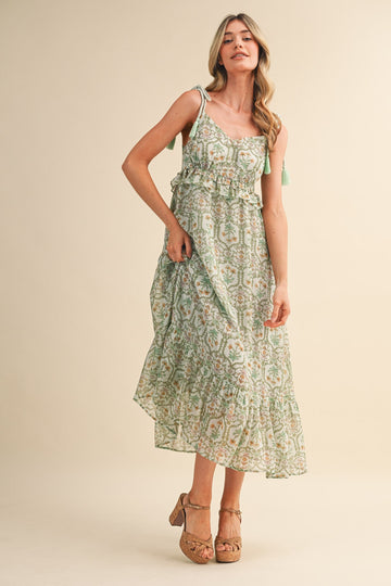 Light Mint Floral Tassel Strap Midi Dress