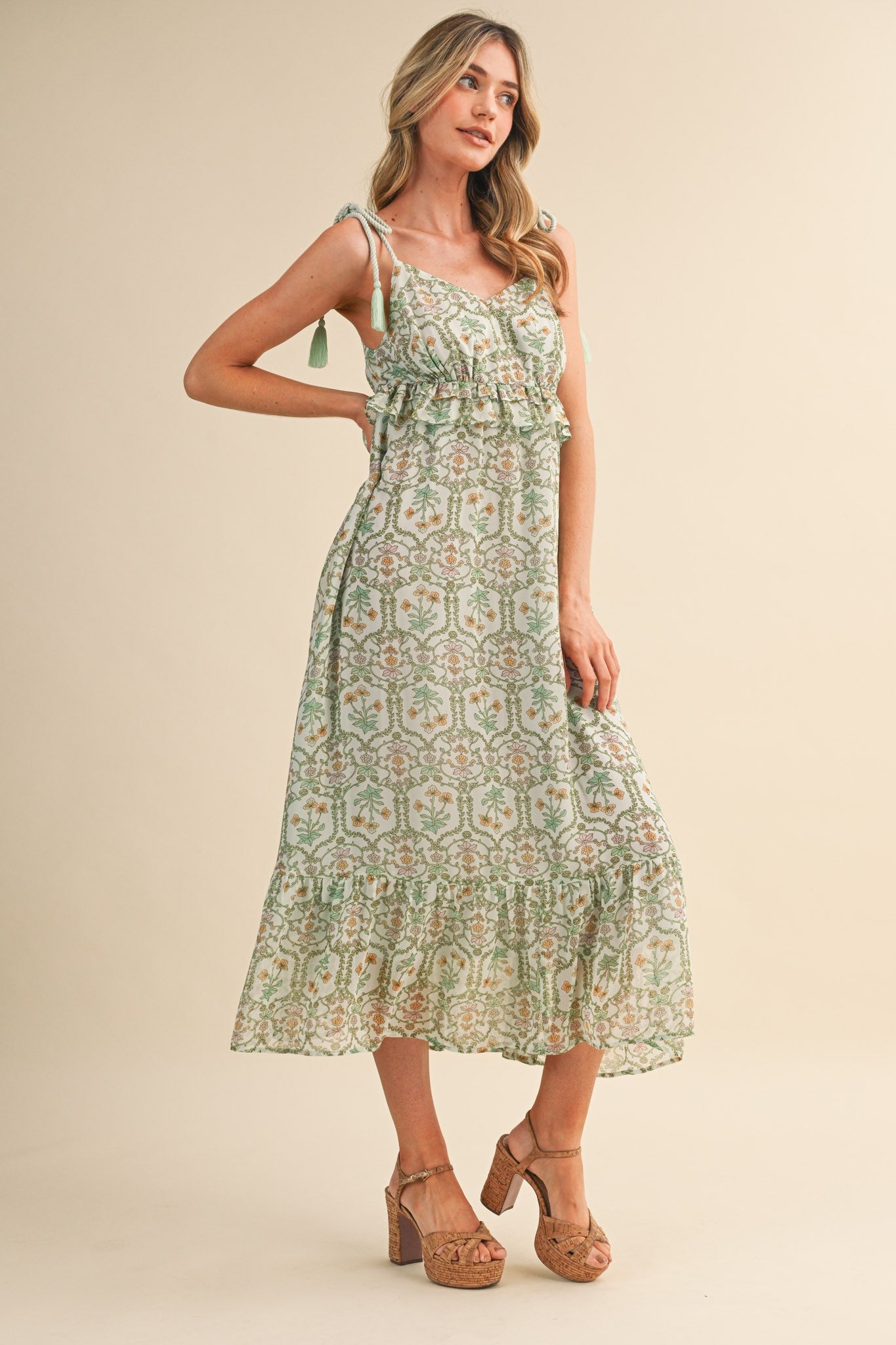Light Mint Floral Tassel Strap Midi Dress