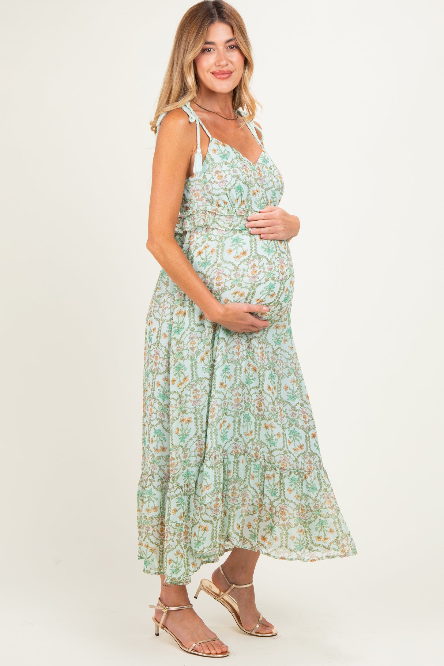 Light Mint Floral Tassel Strap Maternity Midi Dress