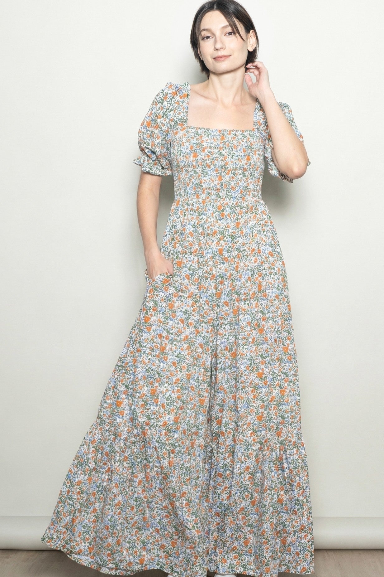 Cream Vintage Floral Smocked Puff Sleeve Maxi Dress