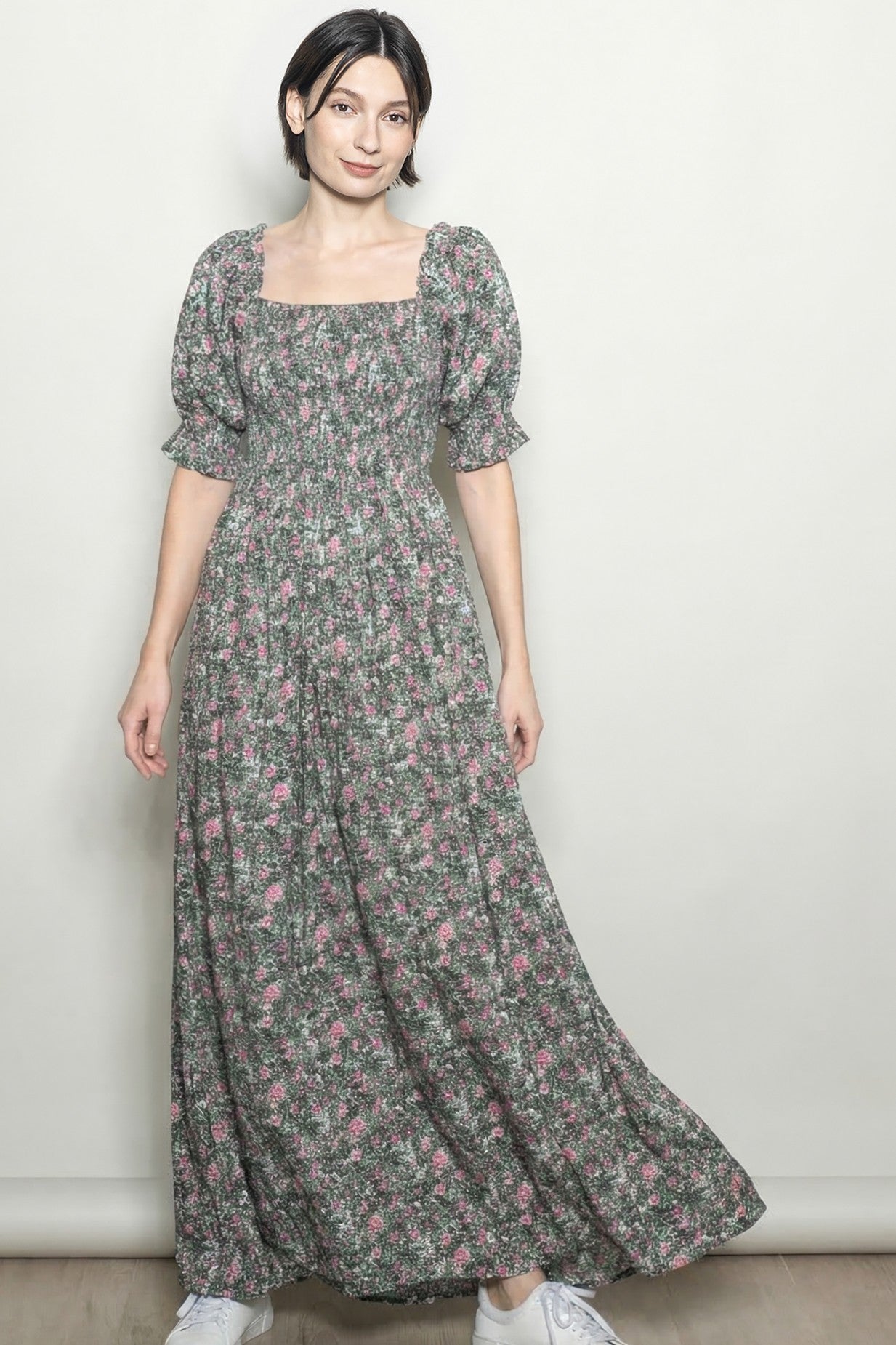 Olive Vintage Floral Smocked Puff Sleeve Maxi Dress – PinkBlush