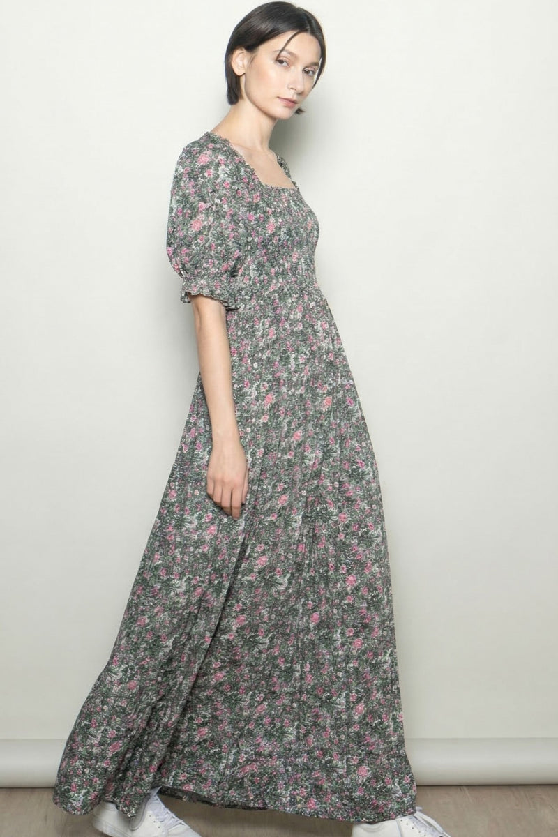 Olive Vintage Floral Smocked Puff Sleeve Maxi Dress – PinkBlush