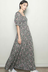 Olive Vintage Floral Smocked Puff Sleeve Maxi Dress