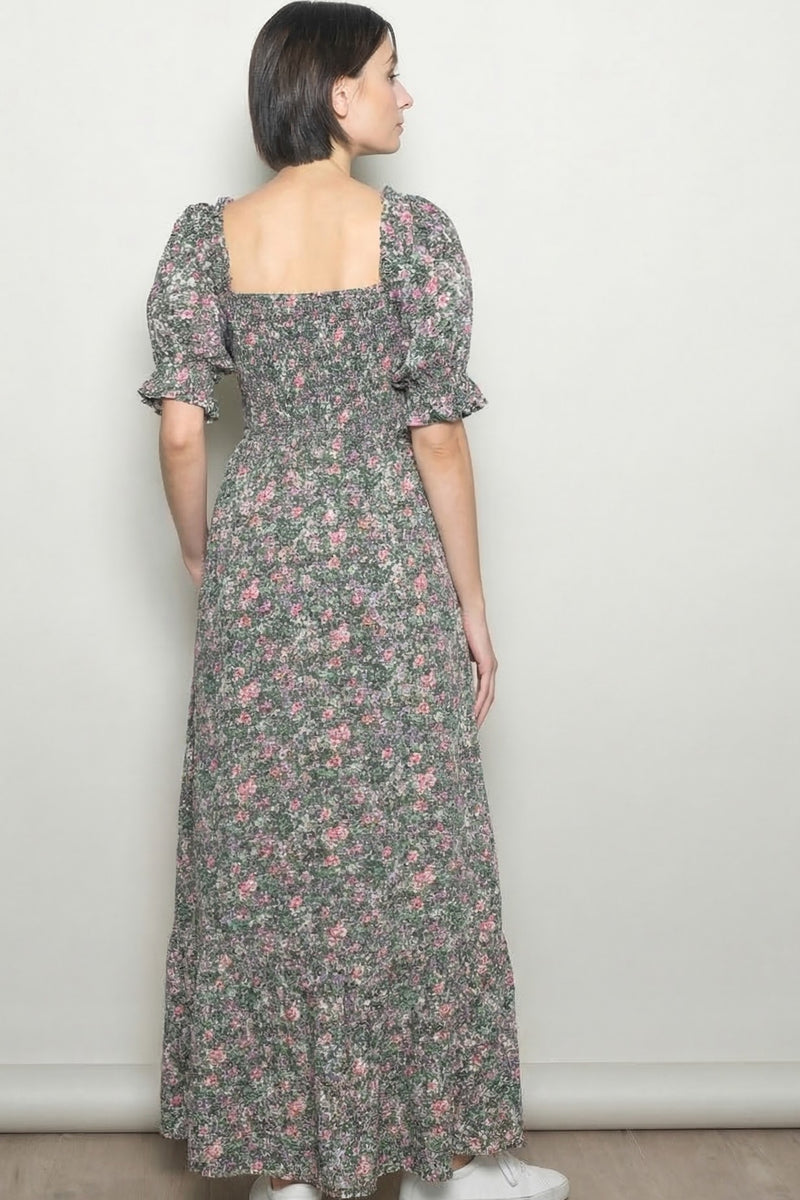 Olive Vintage Floral Smocked Puff Sleeve Maxi Dress – PinkBlush
