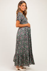 Olive Vintage Floral Smocked Puff Sleeve Maternity Maxi Dress
