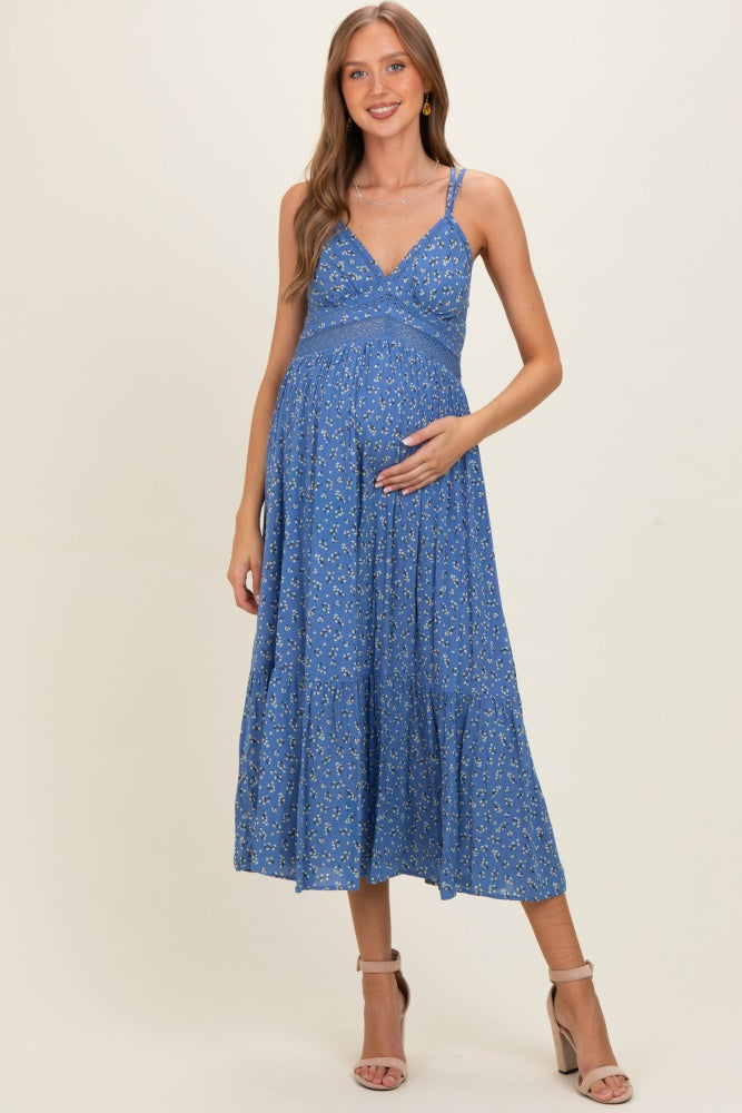 Blue Floral Lace Detail Strappy Maternity Maxi Dress  PinkBlush