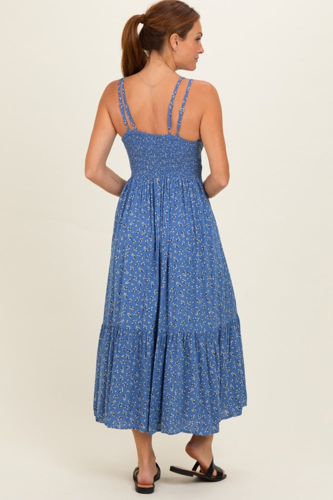 Blue Floral Lace Detail Strappy Maxi Dress