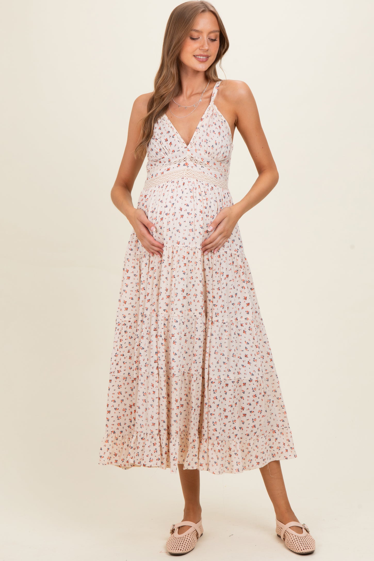Ivory Printed Lace Inset Tiered Maternity Maxi Dress