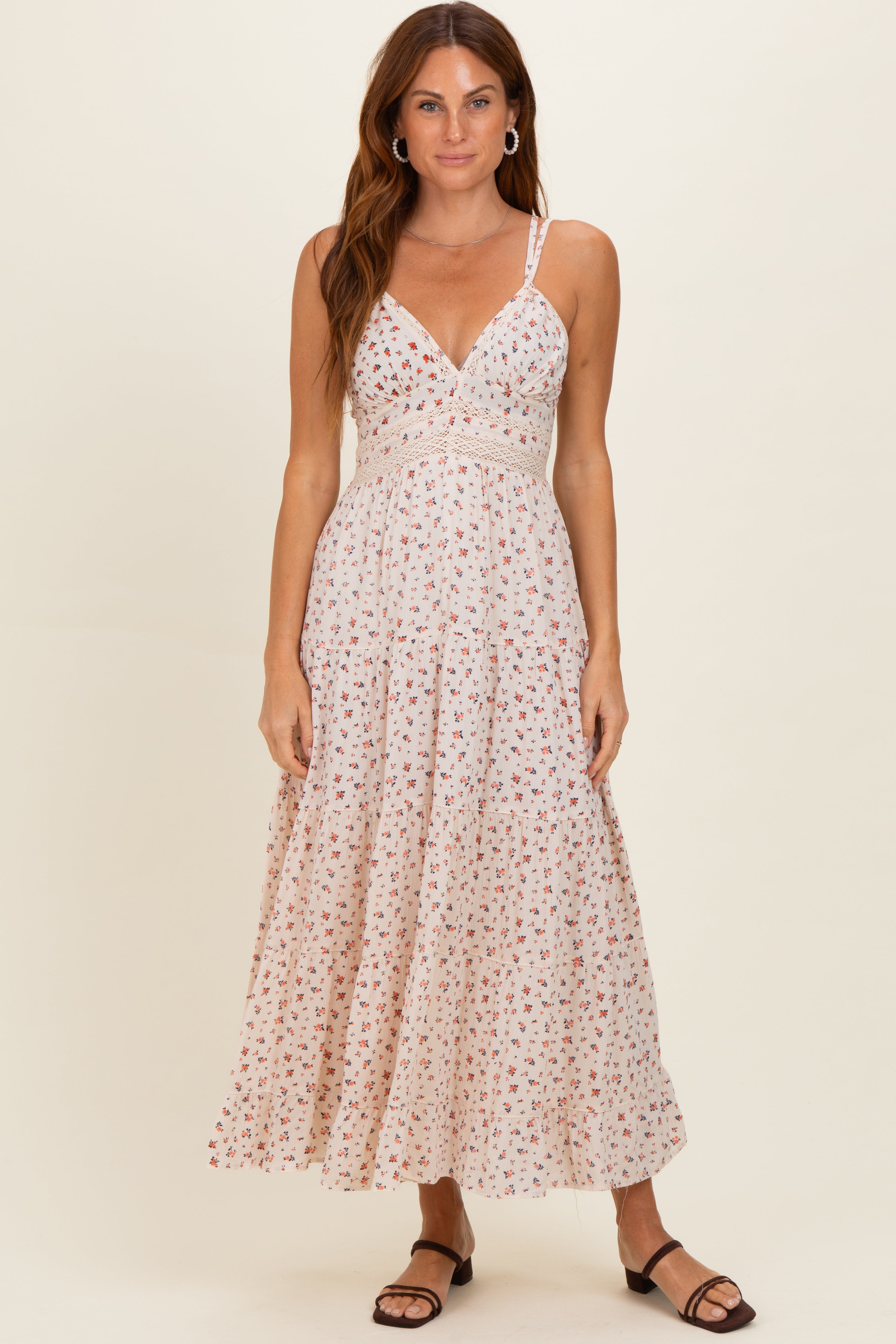 Ivory Printed Lace Inset Tiered Maxi Dress Ivory Printed Lace Inset Tiered Maxi Dress