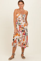 Ivory Smocked Bodice Strapless Printed Midi Dress