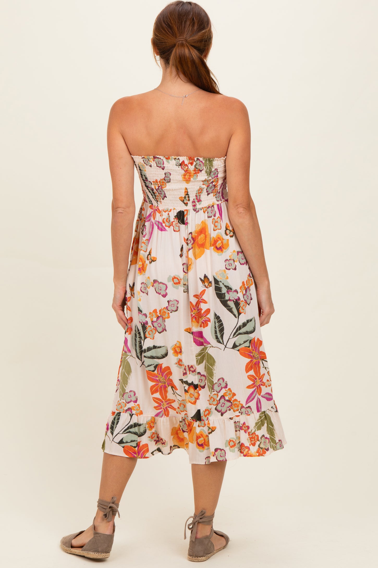 Ivory Smocked Bodice Strapless Printed Midi Dress