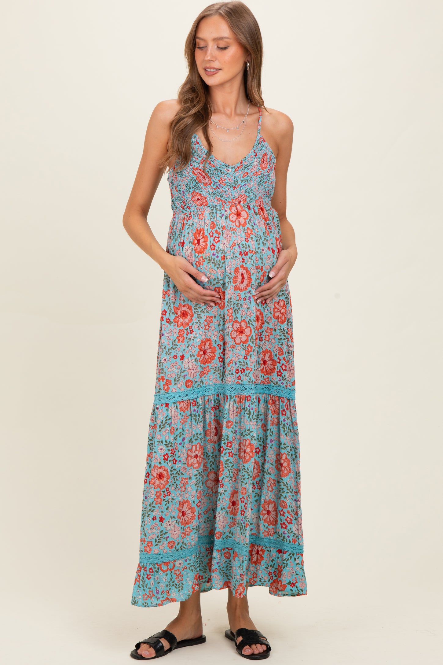 Mint Smocked Bust V Neck Lace Trim Maternity Maxi Dress