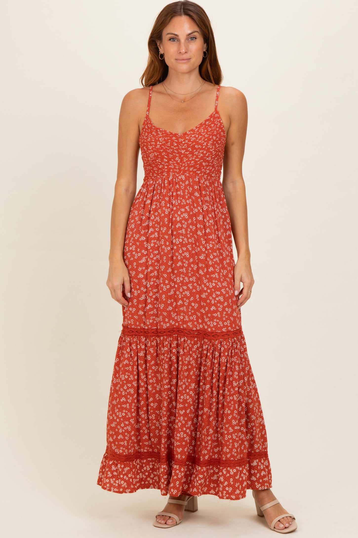 Rust Smocked Bust V Neck Lace Trim Maxi Dress Rust Smocked Bust V Neck Lace Trim Maxi Dress