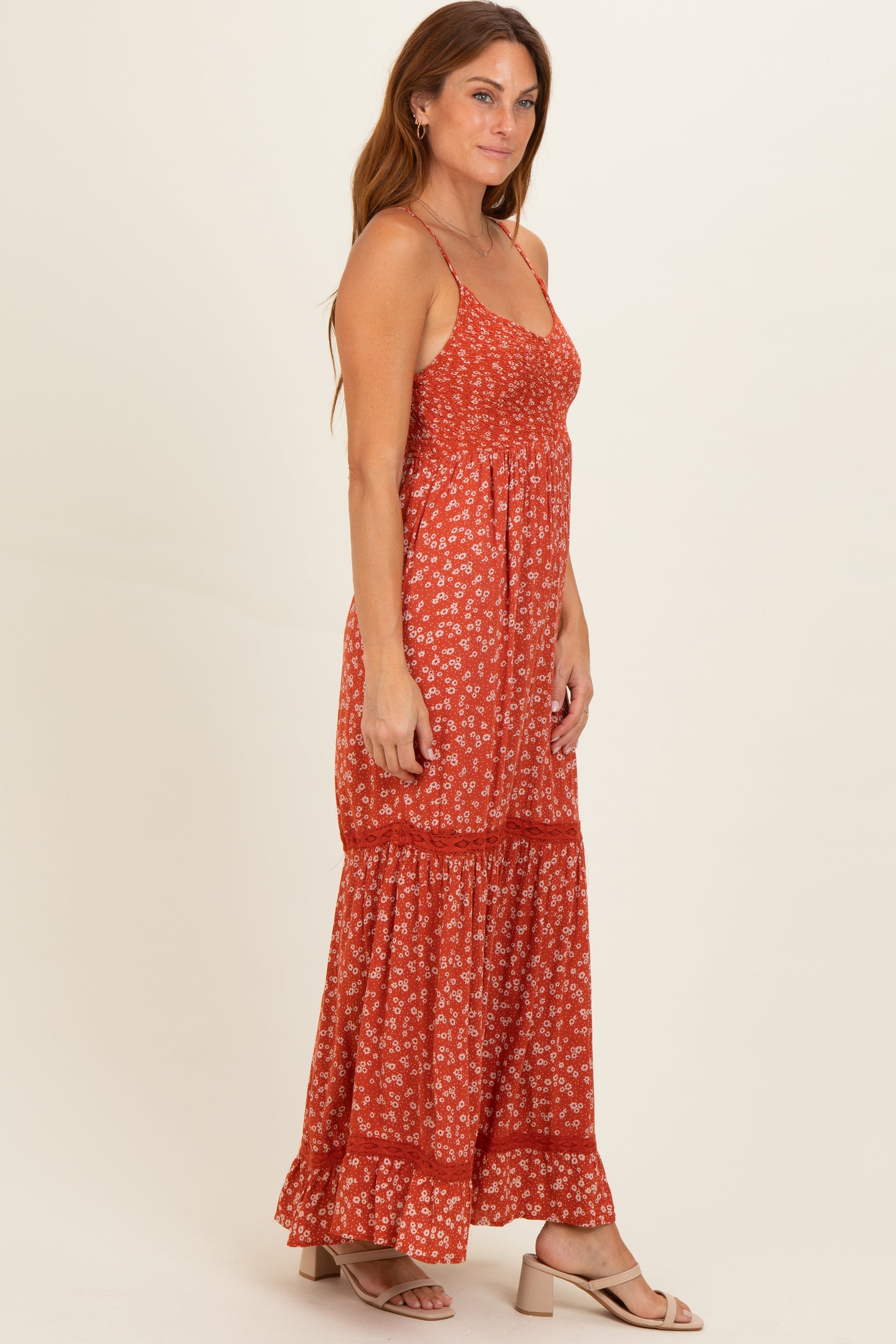 Rust Smocked Bust V Neck Lace Trim Maxi Dress