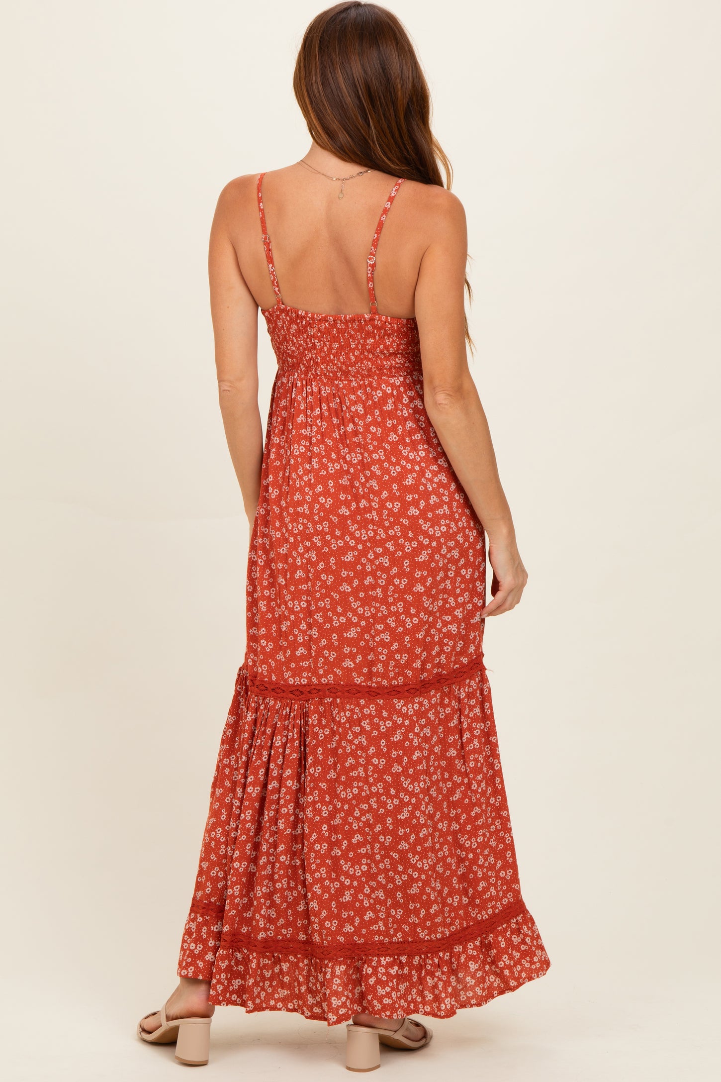 Rust Smocked Bust V Neck Lace Trim Maxi Dress