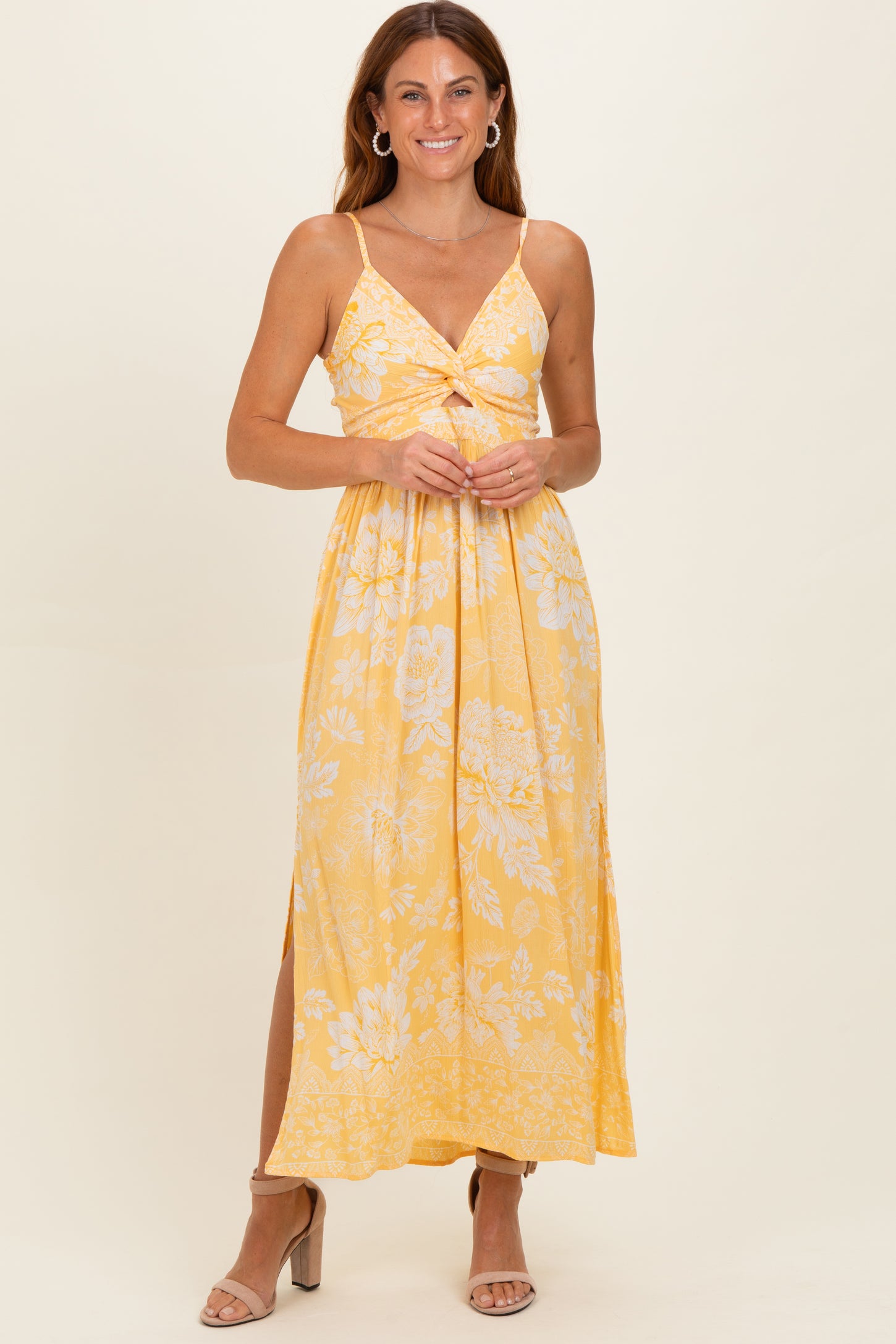 Yellow Floral Twisted Front Maxi Dress