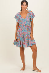 Teal V Neck Smocked Bust Short Sleeve Short Maternity  Dress