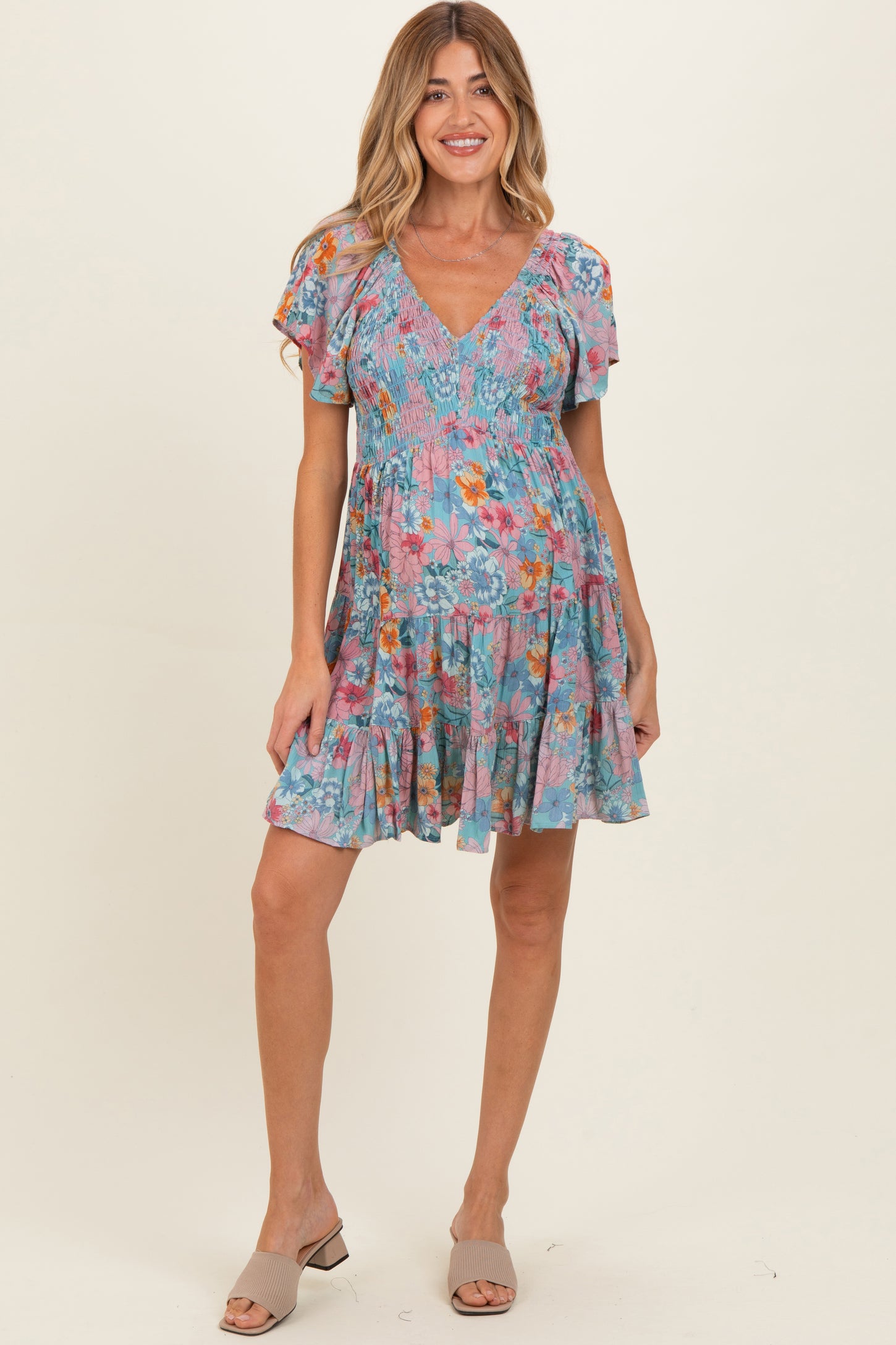 Teal V Neck Smocked Bust Short Sleeve Short Maternity  Dress