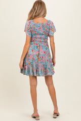 Teal V Neck Smocked Bust Short Sleeve Short Maternity  Dress