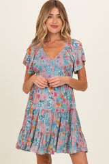 Teal V Neck Smocked Bust Short Sleeve Short Maternity  Dress