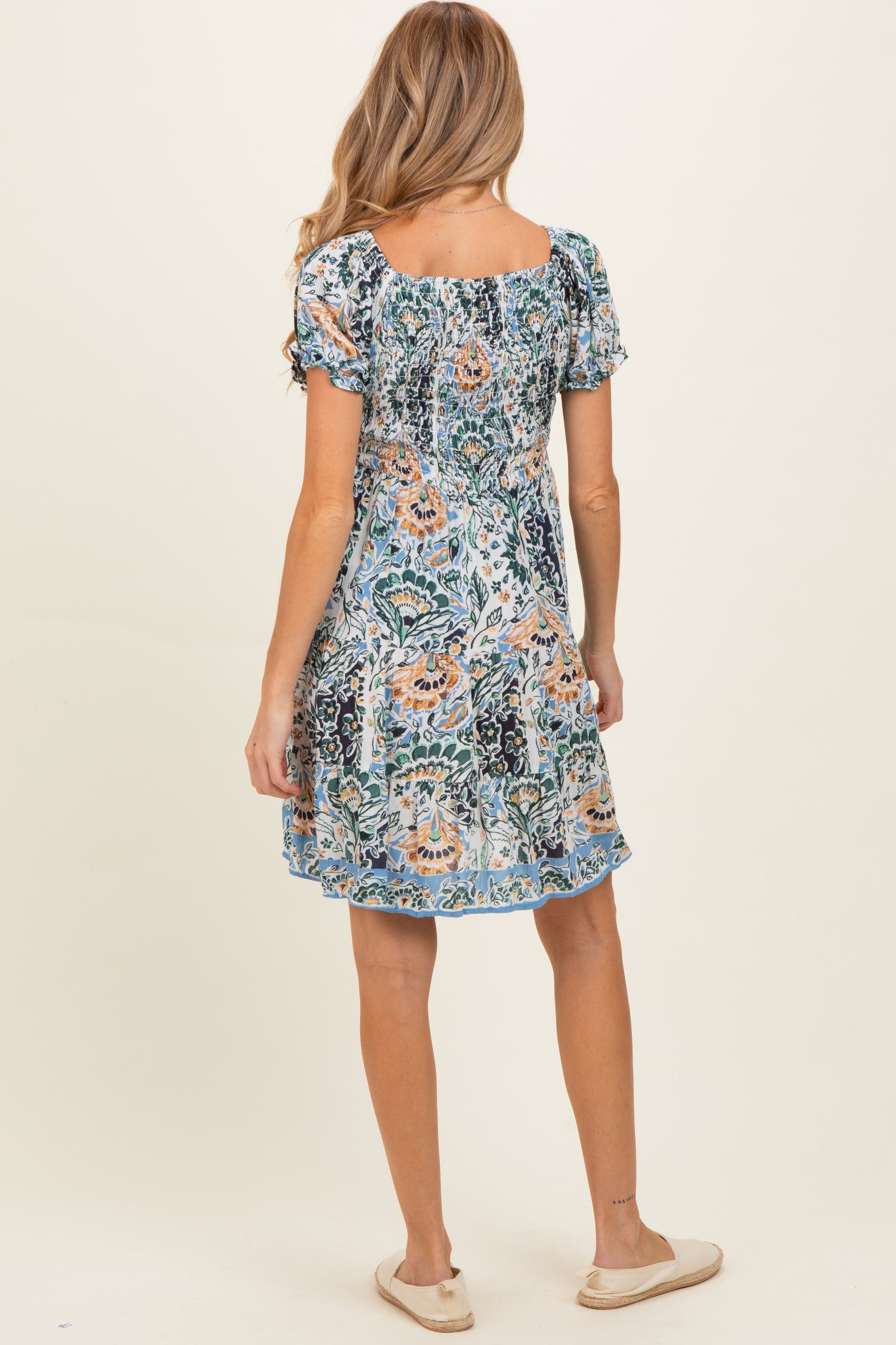 Blue Green Floral Smocked V-Neck Puff Sleeve Maternity Dress
