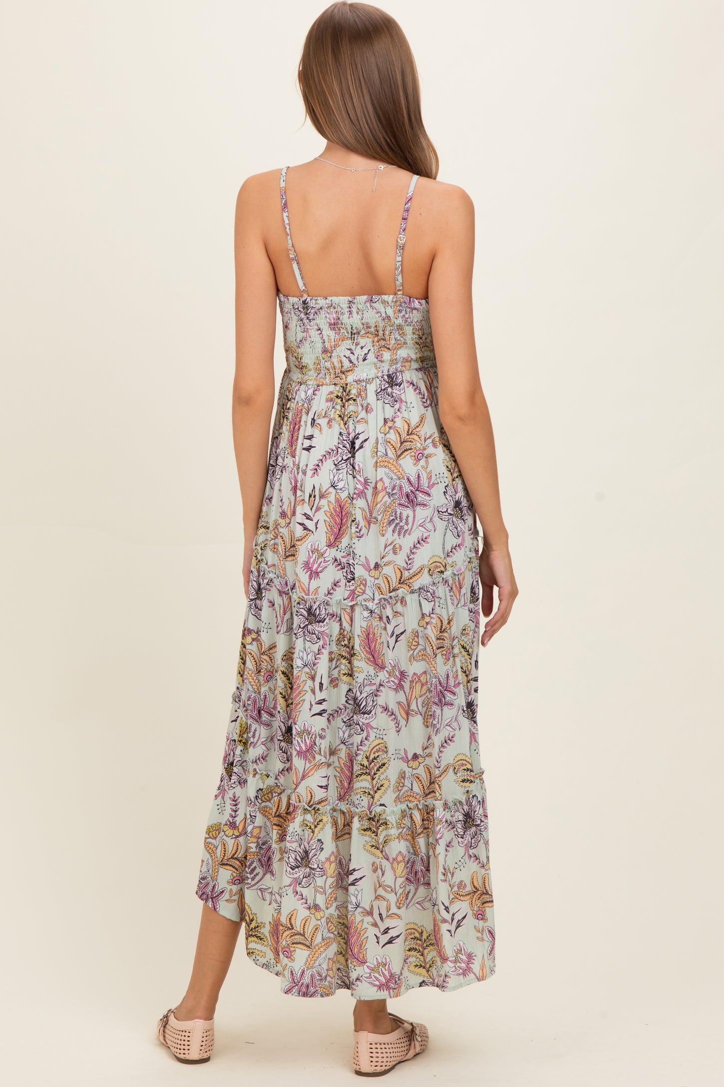 Celedon Smocked Bust Tiered Slight Hi Lo Hem Maternity Maxi Dress