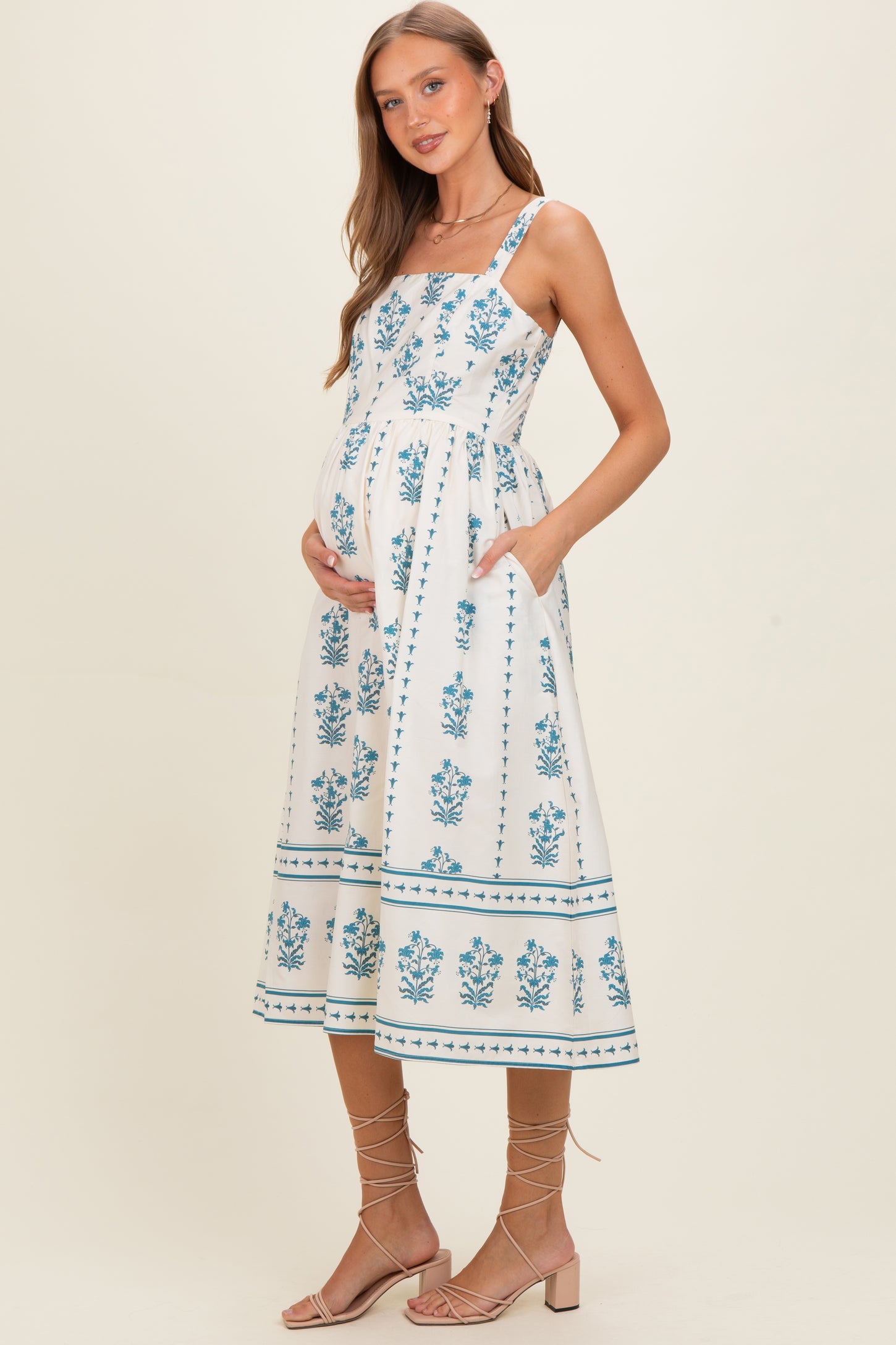 Cream Floral Square Neck Maternity Midi Dress PinkBlush Cream Floral Square Neck Maternity Midi Dress PinkBlush