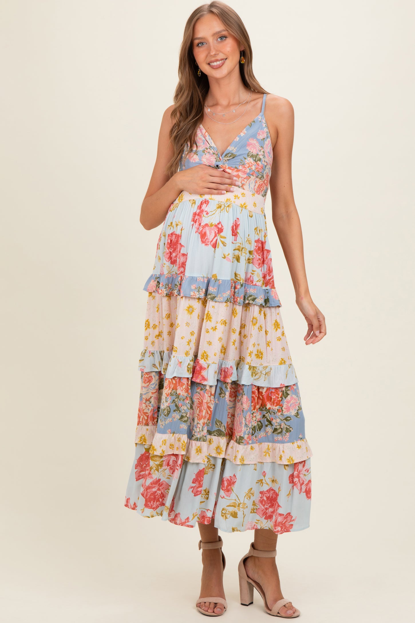 Multi V Neck Twist Front Tiered Maternity Maxi Dress