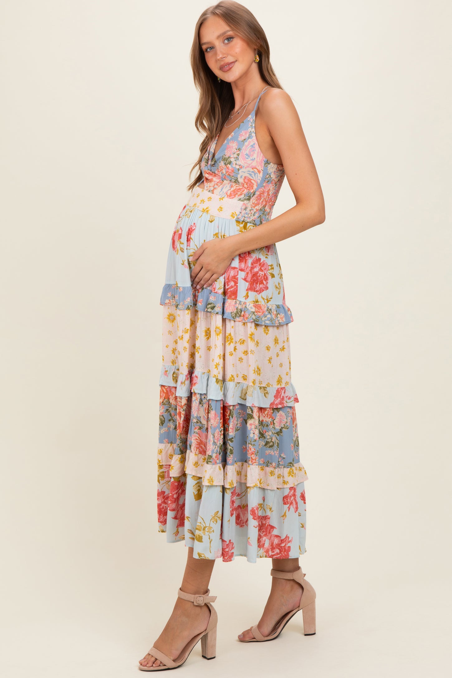 Multi V Neck Twist Front Tiered Maternity Maxi Dress
